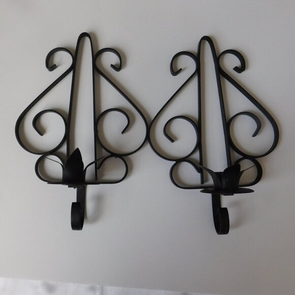 VTG MCM  Black Wrought Iron Metal Wall Candlestick Sconces 9" Pair Candle Holder - Picture 4 of 8